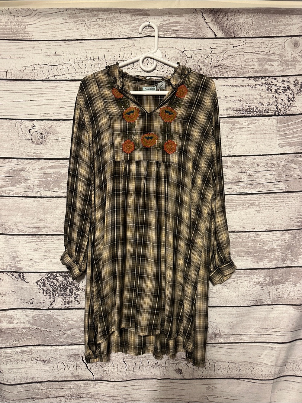 Nostalgia XL Plaid Embroidered Boho Tunic Dress Floral Embroidery Rayon
